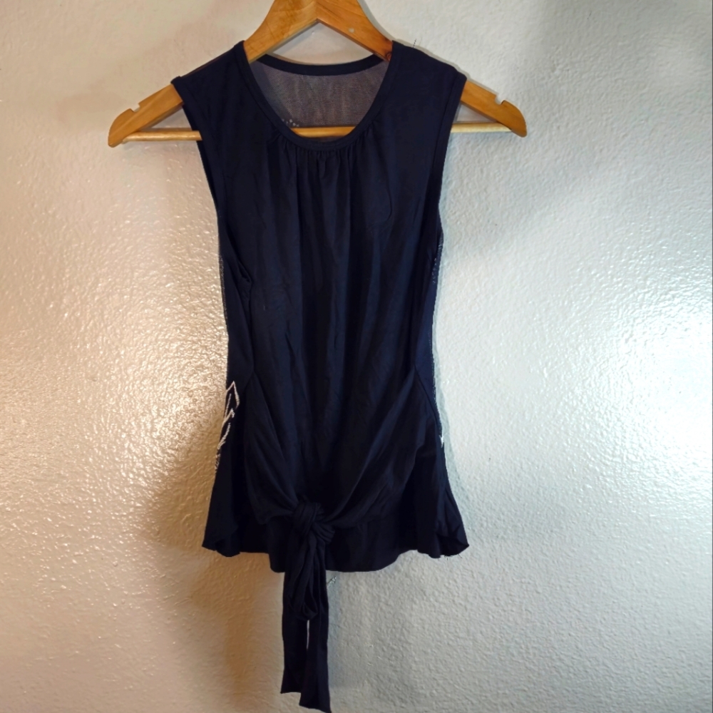 Tom K Nguyen Embroidered Mesh Back Sleeveless Tie Top